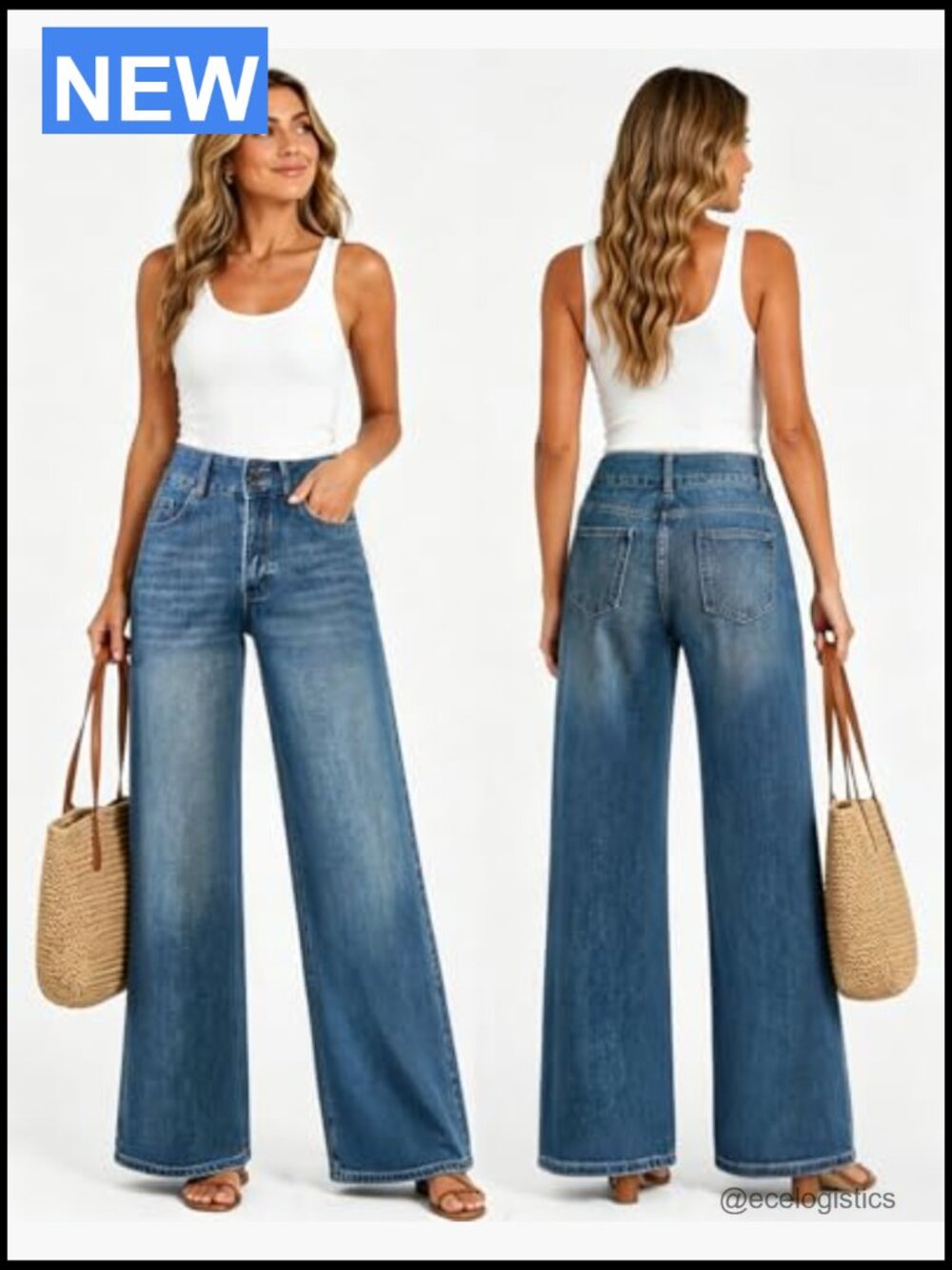 High Waisted Baggy Jeans Stretchy Wide Leg Tummy Control Straight Leg Denim - Picture 2 of 6
